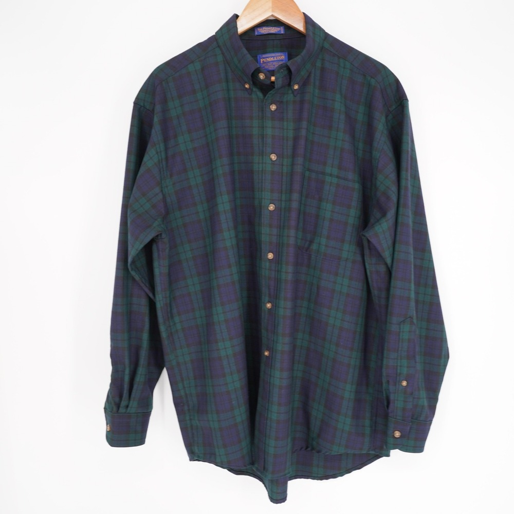 Vintage Pendleton Wool Button Down Shirt Mens L Black Watch Tartan Plaid 80s - Picture 2 of 11